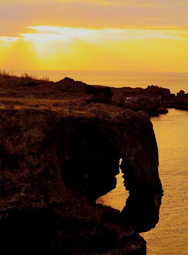 万座毛（まんざもう、Cape Manza）は、沖縄県国頭郡恩納村にある景勝地。海岸の絶壁に、象の鼻の形の岩が付いているのが特徴。東シナ海に面し、沖縄海岸国定公園に属する。<br /><br />琉球王朝の時の王である尚敬王が、「万毛（毛は原っぱのこと）」（言い換えると「一万人が座れる広い原っぱ」）と評したことに由来していると言われている。<br />（フリー百科事典『ウィキペディア（Wikipedia）』より引用）<br /><br />万座毛　については・<br />http://www.odnsym.com/spot/manza.html<br />http://kankou.e-pon.jp/manzamou/<br />http://www.uchinajoho.com/okinawa/kankochi/hontoutyubu/manzamo/manzamo.htm<br /><br />3日目	【1月31日(木)】 <br />ホテル（8：30発）＝＝○慶佐次湾のヒルギ林（約30分）＝＝○辺戸岬（約30分）＝＝◎大石林山（約40分）＝＝○茅打バンタ（約10分○＝＝ゴーヤーハウス(自由昼食) ＝＝森のガラス館（お買い物・約30分）＝＝○古宇利島（約20分）＝＝△古宇利大橋＞＝＝△屋我地島＝＝○万座毛（約20分）＝＝恩納村〈泊〉（18：00着）　　［バス走行距離：約193km］	<br />（【宿泊先：リザンシーパークホテル谷茶ベイ】