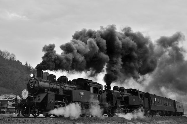 ＳＬの旅シリーズ第２６回目は真岡鉄道の震災復興応援号の重連です。<br /><br />東日本大震災から２年（3/11）を前に、真岡鉄道は３月10日、復興に向けて頑張る人たちを応援しようと、ＳＬ２両を連結させて走らせる重連運転を行いました。<br />「がんばれ東北,震災復興応援号」は、沿線で見守った大勢の人に力強い走りを見せながら、爆煙を吐いて走行しました。<br /><br />沿線では大勢の鉄ちゃんや一般のカメラマン、報道関係者や家族連れが列を作り、地震発生時刻の午後２時46分には、走行中に復興を願う汽笛も鳴らされました。<br /><br />また返しの下館行きにおいてニュースでも大騒ぎになった、強風の影響で煙霧が発生しました。ここの撮影場所は畑の中にあるポイントなので、風の影響で砂ホコリが発生し大変でした。ＳＬが通過する時間帯は風が弱ったですが、空がかなり暗くて露出の設定に苦労しました。<br />