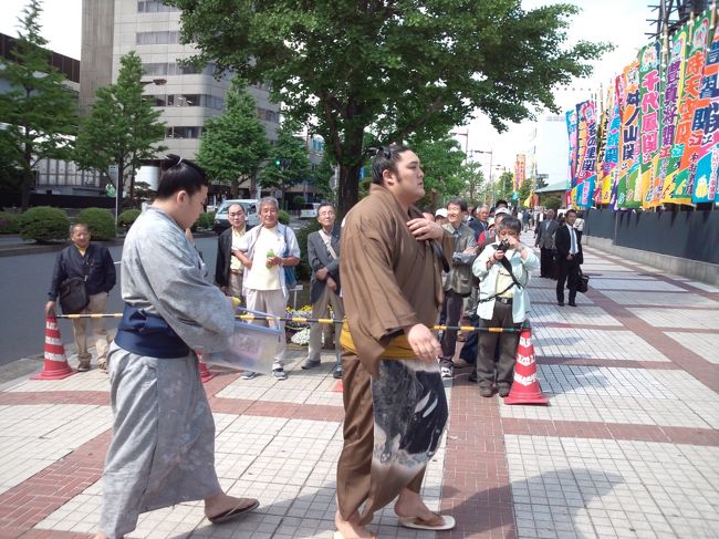 しばらく大相撲を見ていなかったので、先月の５月場所に出かけた。白鳳以外のスターが出てこないか、稀勢の里が優勝すれば横綱昇進の目があるので期待されている。<br />また、日馬富士は全勝だったり、そうでなかったり交互になっている。今場所は全勝優勝する順繰りであるが、横綱二人の成績に期待がかかる。<br /><br />今回は、国技館館内の施設と、会場入りする力士を追いかけた。<br />この写真は、小結に上がった隠岐の海。私の期待する力士の一人だ。<br /><br />この入口は通用口で、大関以下が利用している。ただし、大関でも使うという例外はたまにあるらしい。<br />また、大関、横綱は地下に車で乗り付け、見ることはできない。