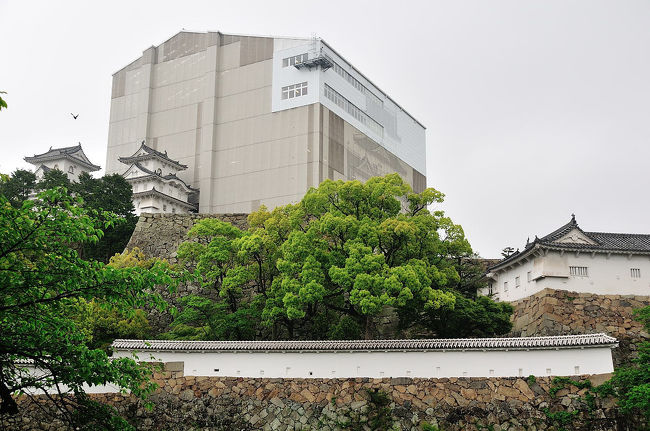 数日前何の準備もせずふらっと行った姫路城。やはり予約の上でないと天空の白鷺には入れない模様。<br />そこで事前予約をインターネットで行い改めて天空の白鷺に臨みました。<br />ところが当日はあいにくの雨でした。天空の白鷺は保存修理工事中の大天守を覆っているため天候は関係ありません。やはり晴れているほうが景色もよく良かったのですがこればかりは仕方がありません。<br />当日は土曜日と言うこともあり作業はしていませんでしたが工事中の天守閣は雨に濡れることなく見ることが出来ました。当日は天空の白鷺のほか西の丸御殿も見学しました。