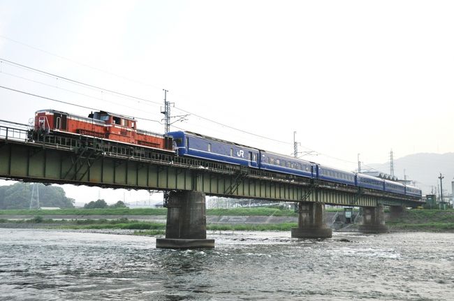 天理教の信者さんを乗せた団体臨時列車が、前日(7/27)青森を出発し、終着天理を目指して来ました。<br />京都から機関車がＤＤ５１にバトンタッチし、奈良線桜井線を運行。<br />午前４時過ぎに自宅よりマイカーで出撃し、ゲットして来ました。<br />第一の撮影ポイントの宇治川鉄橋に午前５時前に着きましたが、<br />既に先客の鉄の先生方５０人ぐらいがスタンバイしており（笑）、<br />ベストポジションはもうありません。<br />確保した堤防上の道路からのポイントからでは、<br />電柱等の障害物が入り、下に降りることにしました。<br />ビデオも撮るので、川の流れの音も入り、<br />こちらの方が良かったです。<br />午前５時３０分頃にＤＤ５１を先頭に２４系客車が走り去りました。<br />連写の荒しの後、素早くカメラ・ビデオを片づけ、<br />ここから同列車の追跡が始まり。暴走運転ではありません。（笑）<br />次のポイントは山城多賀です。<br /><br /><br /><br />