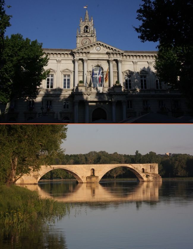 アヴィニヨン市庁舎とアヴィニヨンの橋（サン・ベネゼ橋）<br />2013.5.17 7：31/7：04<br />Hotel de Ville and Pont St.Benezet in Avignon<br /><br />2013フランスの旅　第5回　アヴィニヨン　その2<br /><br />☆隔週公開の予定でしたが「お盆休み特別企画」で急遽今週も編集しました。<br /><br />初めての試みとして海外旅行の準備段階からブログに公開した2013フランスの旅（5.13−5.24）を無事に終え、6月19日に旅行の概要をまとめてハイライト編http://4travel.jp/traveler/810766/album/10784450/を公開しました。<br />今回は各都市毎の詳細な旅行記の第5回です。<br /><br />5月17日（金）<br />未明にテラスの窓を開けて空を見ると星が見えて天気が良さそうなので早起きした。<br />朝天気が良いので前日と同じコース、すなわちアヴィニヨン旧市街の中心を南北に通るレピュブリック大通りから教皇宮殿の裏（東）を歩いて城壁を通り抜けた。<br />日の出直後の時間帯で、観光客はおろか一般市民の姿もほとんど見かけない静かな雰囲気の中を歩くのは気分がいい。<br />今までにパリ、ストラスブルグ、ベネチア、ミュンヘン、ニースなどでも経験済みだか、朝の光の風景の撮影には最適で貴重な時間帯だ。<br /><br />城壁を抜けた目の前は水嵩が増して悠々と流れるローヌ川の水面が低い朝日を反射して眩しい。<br /><br />下流に向かって歩き始めると目の前に朝日に輝くアヴィニヨンの橋が鏡のように静かなローヌ川に映って眼鏡橋を見せていた。<br />あまりの美しさに感動して、思わず「すげー！」と声にしてしまった。<br />48年の時を隔てて2回訪れたアヴィニヨンの橋の別れ際に思った。<br />この歳では「また来るね」とは気安く言えない。<br />Peutetre non. たぶんないね。<br />1965、2013と二度訪れたので思い残すことはありません。<br /><br />Merci bien le pont d&#39;Avignon. Vivez longtemps !?<br />アヴィニヨンの橋よ、ありがとう。長生きしてね。o(^▽^)o<br /><br />帰りは市庁舎前を通ってホテルへ向かったが、陽が高くなり、庁舎の時計塔も朝日に輝いていた。<br />外気温はまだ10°を表示しており、とても5月とは思えない寒さ・涼しさだった。<br />城壁前のバラも朝日に清々しい。<br /><br />撮影CANON EOS40D EF-S17/85,EF-S10/22<br /><br />お気に入りブログ投票（クリック）お願い<br />http://blog.with2.net/link.php?1581210