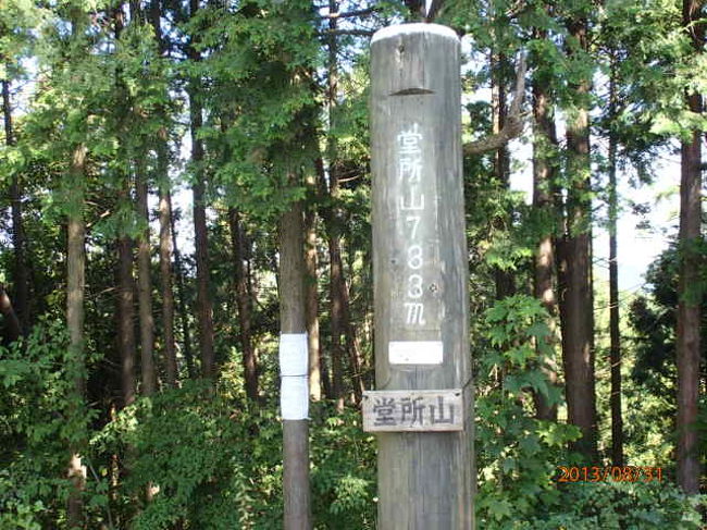 山は登る時よりも下る時の方が大変で危険も多い。一度登った山頂からは、いずれ下り降りなければならない。さて問題はどちらのコースを選び下山するかだ。一番楽な方法は、約１キロ程のだらだら坂を和田峠まで下り、そこからバスで藤野へ出るコース。次は陣馬高原下バス停まで下りて、バスで高尾駅まで出る方法だ。これだと山頂からは４．５キロ程歩けばバス停まで行ける。<br /><br />結局選んだのは、朝登ってくる途中に見た案内板、堂所山経由で夕焼けの里へ下りるコースだ。かなりきついかも知れないが、今の状態では可能だろう。山頂で３０分程休憩し、下肢の疲れれもかなり軽減化した。無理そうなら途中の明王峠から相模湖へ下りれば良い。確か去年このコースを與瀬神社まで下りて、相模湖駅から帰ってきた。色々とエスケープコースもあるから安心だ。<br /><br />１時少し前、陣馬を後にし、朝来た山道を明王峠まで引き返す。約２キロ。３０分を予定していたが、矢張り歩速は遅れる。明王で少し休み、２時前に出発する。堂所まで約１．３キロ。３０分見ておけば充分だろう。堂所手前で真っ直ぐ景信に向かって伸びている山道から左手の山道に分岐し、堂所に向かう。本道ではあれ程沢山いた登山者やマラソンランナーがばったり途絶え、途端に淋しい山歩きとなる。<br /><br />堂所山頂にて持ってきたオレンジを食べる。これで食べ物は全部終わった。後はポカリの飲み水が半分程残っているだけだ。堂所山７３３ｍ。景信の７２７ｍよりは僅かに６ｍ程高い。しかし本コースから少し外れた場所にあり、夕焼けの里・八王子城址へ下る人以外は、すべて素通りし、余り知られていない。山頂の平坦地も僅かな面積で、１０人も集まったら、直ぐにも一杯になりそうだ。周囲の木に邪魔され、視界もそれ程良くない。この陣馬往還道の中にあって、忘れられた山と言えるだろう。<br /><br />さて３時前、余りゆっくりはしていられない。八王子城山までの７．１キロ。２時間は見ておかなければならないだろう。無人の山を後にする。