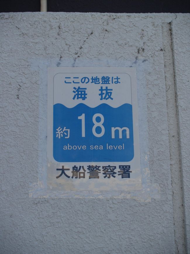 　神奈川県警の警察署や交番で海岸より10km以内にあるところに「海抜表示」がされることになっている。しかし、大船警察署とその管轄の交番での「海抜表示」は実施が遅れていた。（http://4travel.jp/traveler/dr-kimur/album/10809831/）<br />　ようやく、9月6日（金）に「海抜表示」がなされた。駐車場後ろの建物の白壁に貼っている。貼るのに2週間ほど掛かったのは、やはり貼る場所がないために、何処に貼ったら良いのか他の警察署とも相談したからだという。果たして、恒久的な掲示であり、大船警察署の掲示方法は私から見るとグッドである。<br />　大船警察署の管内の交番でも同じ日に同じように「海抜表示」のポスターを貼ったという。なるほど、JR北鎌倉駅前の交番（大船警察署山ノ内交番）でも建物の白壁に「海抜表示」のポスターが貼られていた。<br />　一方、栄警察署管内の本郷台駅前交番では「海抜表示」のポスターに替わって「秋の全国交通安全運動」(9月21日（土）〜9月30日(月))が貼られていた。「海抜表示」のポスターは見当たらなかった。恒久的な掲示を掲示板に貼っておくことなど土台無理なことなのだ。大船警察署の掲示方法が理に適い、住民に安心を与えるサービスの根本を何とか具現していようか。<br />（表紙写真は大船警察署の海抜表示）