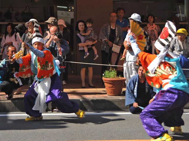 初めて“島田大祭(帯まつり)”を見て来ました。<br />第２回は“鹿島槍”です。<br /><br />3年(寅・巳・申・亥年の10月中旬の3日間)に1度、10月中旬に開催される島田大祭。大井川鎮護や安産の神として信仰されている大井神社の祭りで、1695年(元禄8年)に神事祭式が定まり、初めて神輿が渡御されてから平成25年で107回を数えます。当初の供奉の行列は、神輿の他に代官をはじめ宿役人、一般の宿民が続き、鹿島踊りや大奴もこの時代から加わっていました。<br /><br />現在では一般に「帯まつり」の名で知られ、その名は島田宿に嫁いできた女性が安産祈願を大井神社にお参りしたあと、宿場内に帯を披露していたものが、いつしかお嫁さんの代わりに大奴が金爛緞子（きんらんどんす）の丸帯を太刀に掛けて練り歩くようになったことに由来し、日本三奇祭に数えられています。<br /><br />一街(がい)から五街までが屋台、六街が鹿島踊り、七街が大名行列を出します。<br />(島田市役所のHPなどから抜粋。)<br /><br />★島田市役所のHPです。<br />http://www.city.shimada.shizuoka.jp/<br /><br />★島田大祭応援サイト“きやり”のHPです。<br />http://nanagai.jimdo.com/<br /><br />★島田大祭「帯祭」のHPです。<br />http://simadataisai.web.fc2.com/