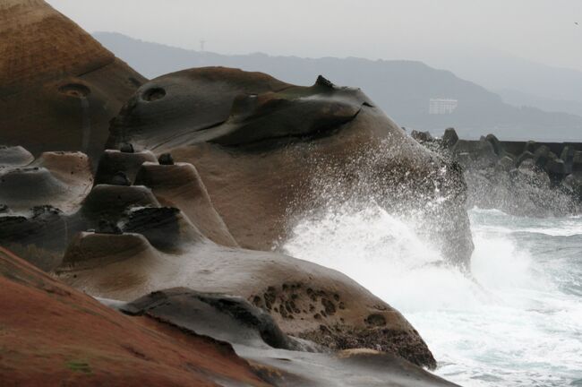 2012早春、台湾旅行記7(13/25)：2月10日(8)：野柳、東シナ海の白波、勝手に命名・厚切蒲鉾岩と蝦蟇蛙岩
