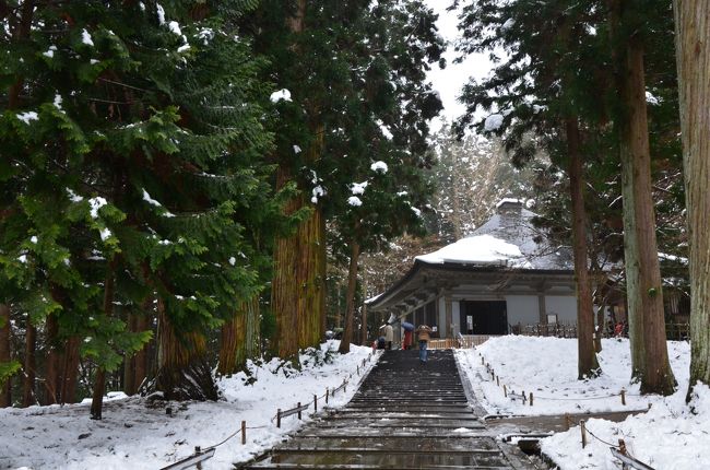 旅行記の概要※： <br />毎年1月3日に仕事の挨拶回りがあるため、今年の年末年始の連続休暇は5日間。<br />仕事柄連続休暇の取れない私にとって、年末年始とゴールデンウィークとお盆休み、年に3回が海外に旅に出れるチャンス。<br />でも、この時期は旅行代金はバカ高。<br />久しぶりに夫婦でベトナムでも行こうかとチケットをチェックすると高！<br />それなら台湾　これも高！<br />今年は10年ぶりにどこにも行かずに寝正月かな・・・<br />そんな感じで一度はあきらめたものの、やっぱりどこかへ行きたい。<br />そう思ったのがクリスマスイブ<br />どこへ行こう・・・？<br />前から気になってる場所が2ヶ所<br />最近グーグルCMで話題の「日本のマチュピチュ　竹田城」<br />それともうひとつか一昨年世界遺産に登録された平泉<br />久しぶりに18きっぷを使って各駅停車の旅をしよう。<br />あわてていろいろ調べてみると竹田城で雲海が見れるのは9月から11月までで、ベストシーズンは秋<br />2月まではいろいろ条件が重なれば見れる可能性はあるとのこと。<br />でも、１８きっぷではアクセスがよくない。<br />と言うことで行き先が平泉に決定。<br />そうなるととりあえず宿の確保<br />旅行の予約サイトでたまっていたポイントを有効に使って、仙台に3泊分の宿を確保。<br />あとはいつものように思いつくまま気の向くままの街歩き。<br />今回も気ままに旅を楽しんできました。<br />こちらでは３日目の平泉の旅を紹介します。<br />雪の東北は寒かった。<br />