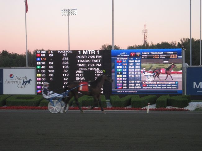 カナダ最後の夜はモホーク競馬場でナイター観戦です。<br /><br />雰囲気も良くメシもウマい、良い競馬場でした。<br />前日に行ったウッドバインが経営母体のようです。<br />近所の人しか来ないような感じで、騒がしさとは無縁。<br />のんびりと過ごしました。