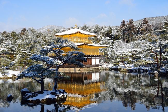 今年一番の寒波到来。前日から期待していたんですが、朝の天気予報で京都市内も積雪が。<br />きっと金閣寺も雪景色に違いないと思って出かけました(*^_^*)<br />午前９時の拝観開始と同時に到着、期待どおりの雪景色でした(^_^)v