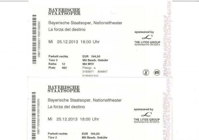 2013年暮のドイツ、フランス旅行。<br />旅行記(7)は14日目から、ミュンヘンに一泊してきました。<br /><br />12月25日　ミュンヘン<br />12月26日　バンベルク、ニュルンベルク<br /><br />25日の夜はバイエルン州立歌劇場での「運命の力」(La Forza del Destino)の鑑賞です。