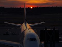 成田国際空港　夕陽と飛行機と富士山