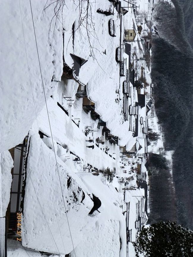 昨年に続き雪景色の温泉を楽しんでもらおうと<br />母を連れて温泉旅行に出かけました。<br />長野大好きな母で　昨年の白骨温泉もとても喜んでくれましたが<br />今年は進路を東寄りに取ってみました。<br /><br />福島県の大内宿と湯野上温泉<br />風情ある茅葺き屋根の集落と　湯量豊富な湯野上温泉の極上の湯を楽しんできました。<br /><br />旦那の仕事の都合で「雪まつり」の時には行けませんでしたが<br />今に残る江戸時代の下野街道の宿場<br /><br />国の重要伝統的建造物群保存地区として<br />旧宿場としては長野県の妻籠宿および奈良井宿に続いて全国で3番目に選定されているそうです。<br /><br />そんな茅葺き屋根の宿場を母も訪れる事に楽しみにしていてくれ<br />３月になってしまいましたが<br />趣きある雪景色を楽しむ事ができました。<br /><br /><br />いよいよ母お待ちかねの「大内宿」です。<br />小雨がかすかに残る中<br />「傘はあったほうがいいねぇ」<br />そんなこと言いながら<br />駐車場から道を渡り茅葺き屋根の家々を目指します。<br /><br /><br />