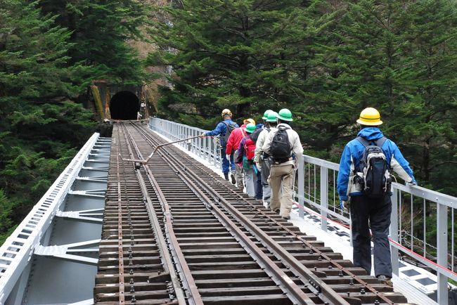 ２００９年に大井川鉄道南アルプスあぷとラインにある日本一の高さを誇る関の沢鉄橋を歩いて渡るツアーに参加しました。<br />参加者は静岡県内中心に３０名、私は県外在住でしたが駅探ホームページに紹介されていた沿線だよりから申し込みました。<br />当時、大井川鉄道井川線では線路の擁壁補強工事をするため、接阻峡温泉駅〜閑蔵駅間を３ヶ月間運休しており、この線路歩きツアーが企画されました。<br />線路歩きツアーはトンネルや橋を通り危険も伴うため２回だけ開催されたようです。<br />関の沢鉄橋では安全ベルトをつけて慎重に渡り、貴重な体験ができました。<br /><br />大井川鉄道では、さまざまなツアーを企画し開催しているところです。<br /><br /><br /><br /><br />