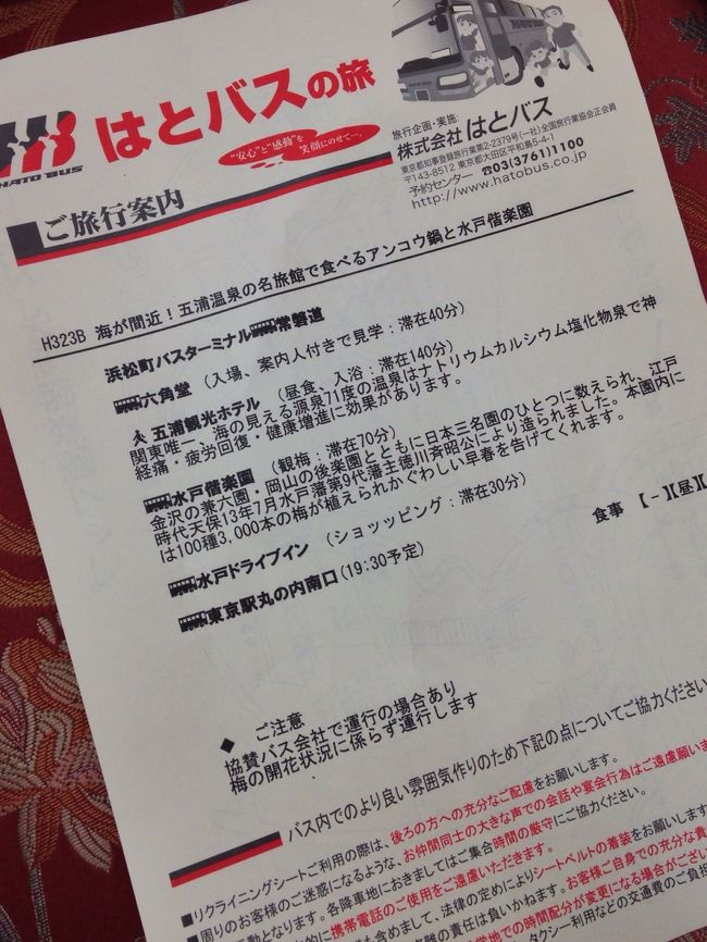 2014年3月<br /><br />新年二発目の旅は、前回に続き超老舗のはとバスさんの１日ツアーに参加！<br />前回は温泉まったりツアーでしたが、今回は温泉＋αを考えていたところ、五浦温泉の名物・あんこう鍋と六角堂見学、そして水戸偕楽園の梅見という、盛りだくさんツアーを見つけたため、そちらに参加。<br /><br />※六角堂は、岡倉点心が東京芸大を追われたあと、ここ五浦に拠点を構えた際に思索の場として建てられたもの。<br />http://ja.wikipedia.org/wiki/%E5%85%AD%E8%A7%92%E5%A0%82_%28%E5%8C%97%E8%8C%A8%E5%9F%8E%E5%B8%82%29<br /><br />前回同様、内容も◎、そしてアテンドとガイドさんの質の良さにまたまた大大大感激！<br /><br />今年で65周年のはとバス。<br />これだけ続いてきたのは、旅行者への気配りと親しみやすさ、前日１７時まで申し込みOKな気軽さ、などなど。。。<br />老舗の安定感、超オススメですよ！