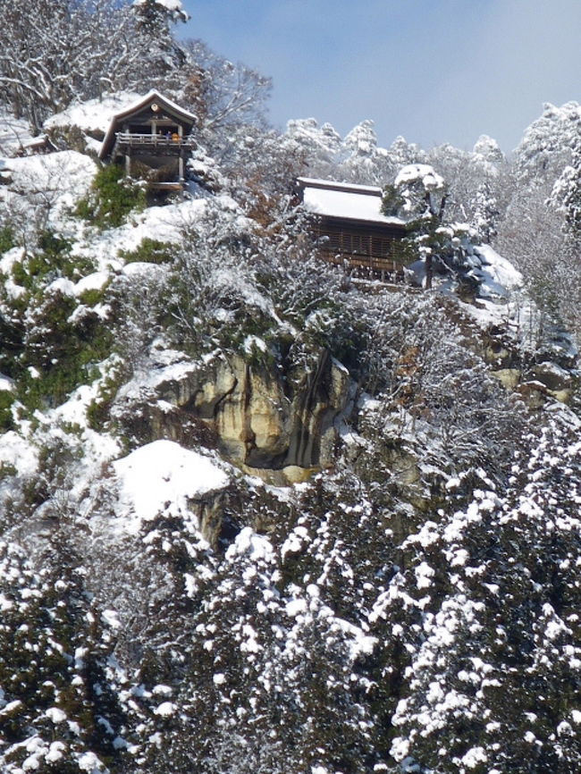 2013年12月28日ー30日。作並温泉 岩松旅館は2泊予約していて、真ん中の日は、出発前は仙台に牡蠣でも食べに行こうと考えていたのですが、とても良い天気だったので急遽旅館に車を置いて、「仙山線」で山形の「立石寺」(山寺)に行くことにしました。トンネルを抜けるごとに雪が深くなり、山寺の山頂の奥の院までの階段も、凍ってツルツル。。。下りてきた最後の最後でFが足をすべってひねり、歩けなくなりました。何しろタクシーも救急車も山形からしか来れないとのことでしたので、杖をもらって駅まで行き、駅前の店でシップを買い、電車でどうにか旅館にたどり着き、車椅子を借りて部屋まで。。。という始末。近くに病院も無く、離れた町の病院も年末で休みなので、結局年末年始の他の宿は全てキャンセルして、早々に自宅に帰りました。翌日休日急患に行ってレントゲンを撮って診察を受けたら、予想通り「左足ヒ骨骨折」全治2ヶ月でした。せっかく冬用タイヤに替えたのに、ほとんど利用できず、温泉にも行けず、想定外の毎日です。それでも冬の立石寺の景色は最高で空気も澄んでいて気持ちが良かったです!!★車椅子、キャスター付きイス、松葉杖を使用しながら、何とか車通勤で仕事を続け、3ヶ月近く経過していますが、家の中ではそろそろと歩けますが、外や長い時間の歩行はまだまだ松葉杖です。なんだかすっきりしませんので、「作並温泉」と「立石寺」は再度訪れたいと思っています。