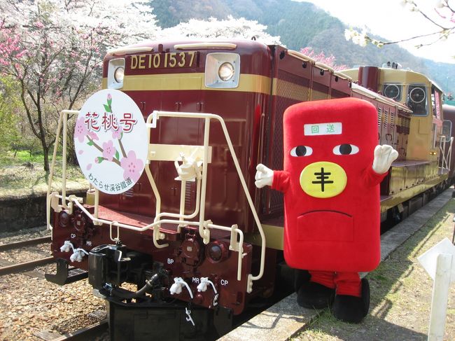 ’１４　花桃＆桜のわたらせ渓谷鉄道２　花桃と桜満開の神戸駅と花桃号トロッコ列車乗車