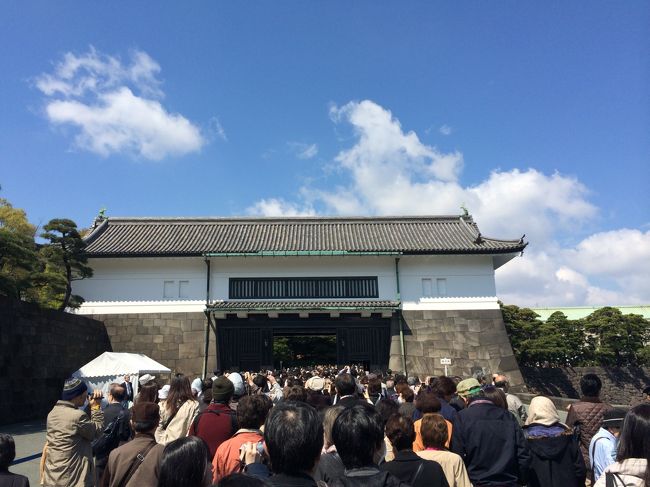 期間限定で乾通りを花見を兼ねて散策できた。<br />朝9時半を目標に坂下門を目指した。東京に50年以上暮らしているのに皇居に向かうのは初めてなのでスマホの地図をたどり着いたが、<br />すでに長蛇の列。<br /><br />坂下門は荷物検査後、10時半頃には通過でき、宮内庁庁舎の前で記念撮影。<br />木々の手入れも流石に行き届いており、人手は多かったが気分よく散策できた。桜もあちこち見ごろをむかえており、気持ちの良い週末を過ごすことができた。