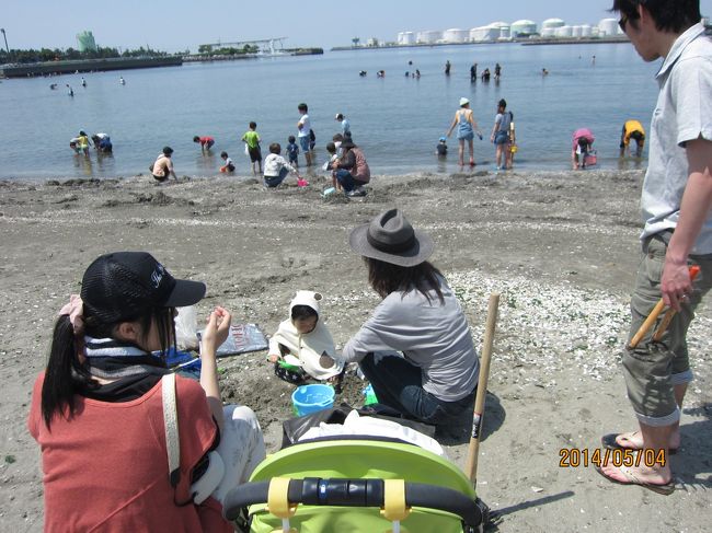 またまた来ました千葉県です<br />毎年の潮干狩りですが今年はちょっとちがいます<br />かわいいかわいい孫といっしょ 1歳と4ヶ月を過ぎました<br /><br />長靴と軽い熊手を用意したのですが<br />15cm長靴は重くていやがりました<br />砂遊びは大好きな様子です<br /><br />貝はと言いますと 引き潮の時間とならず<br />深いところへ入らなければ取れません<br />ここへ来られただけで満足ですね<br />
