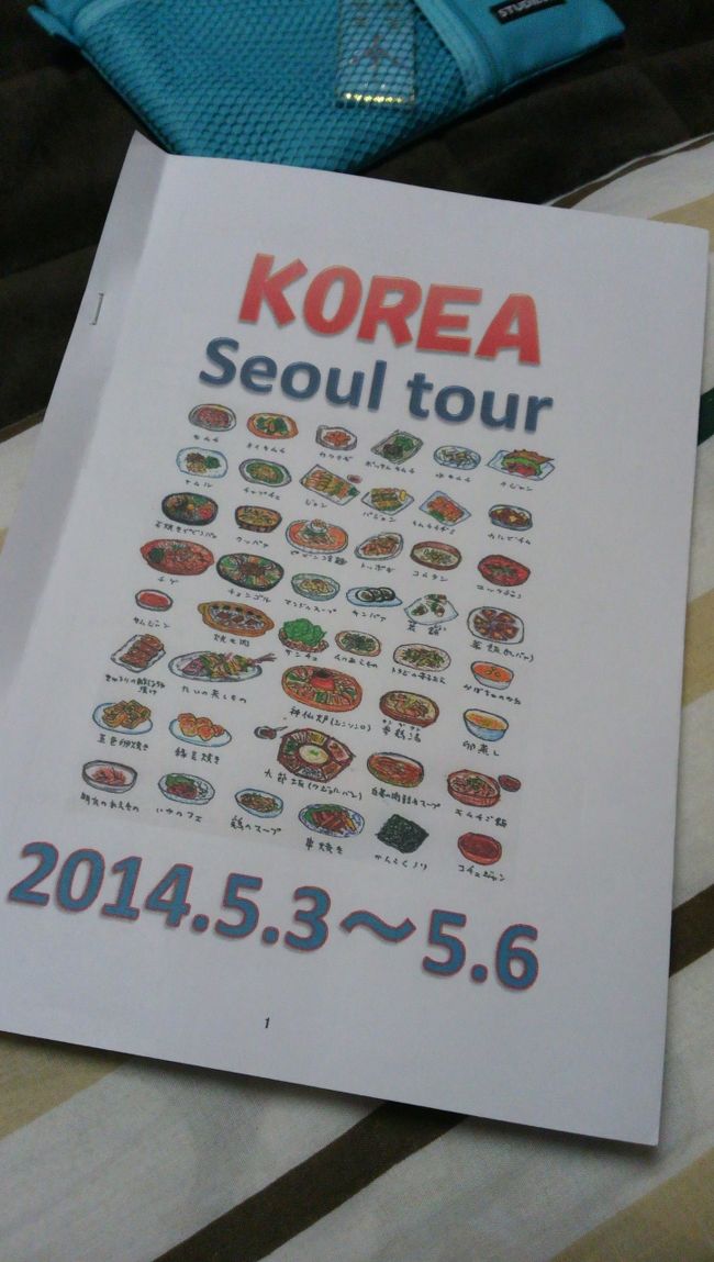 2014　ＧＷは韓国へ！！！<br />今回はソウル7回目となります☆<br /><br />いまさらですが家族そろって「チャングム」にはまり<br />ロケ地を巡ろうと決めた旅行です。<br /><br />ＧＷはお盆並みに旅行代金が高いと思ってましたので・・・悩みましたが<br />3月から旅行を探し始め、5万円以内で行けるツアーがあったので予約しました。<br /><br />旅行代金：4万5000円+燃油や空港使用料　ANAセールスさんのバニラエア使用！<br />4日間でこの値段なので良しでしょう～<br />3人だったのでトリプル部屋使用の為ホテルが限られ少し高くなりましたが、<br />2人部屋とかでしたら旅行代金は3万5000円くらいに抑えられたと思います！しかもまだ空席あったので・・・<br />ホテルにこだわらない方にはオススメですよ＾＾<br /><br />格安航空会社はご存知の通り機内サービス（飲み物、機内食）はありませんが、フライト時間が2時間くらいなので<br />特に問題は無いと思います。<br />機内食食べてお腹いっぱいになっちゃうのはもったいないですし・・。<br />初めてのLCCバニラエアでしたが、良かったです！<br /><br />さぁ！<br />今回も食べまくりました～！！<br />食欲たっぷり家族（母+姉）なので一食一食大切に食べまくりました☆<br /><br />安いし、量多いし、辛いし・・・・本当にチェゴ～（最高）！！！<br /><br />一応韓国語を習っているので、実践練習しようというのも今回の旅行の目的です＾＾<br /><br />ではでは<br /><br />写真で紹介致します！！！<br />