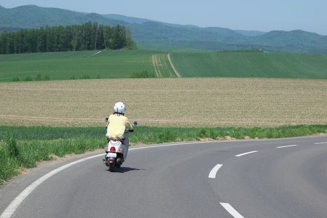 美瑛といえば丘のまち。そこを今回はレンタルバイクで回ってきた。沖縄を軽く上回る暑さだったけど、アップダウンがある爽快な道をバイクで走れば汗なんて吹き飛んでしまった。原チャリ未体験の妻だったが、これで少しはバイク乗りの気持ちが分かってくれたかな（笑）<br /><br />飛行機乗り遅れ・猛暑とアクシデント続きだったけど、終わりよえればすべてよし！　またいつかあの道を、今度は子供たちも一緒でバイクで走りたいな♪<br /><br />その前に妻も子供たちも免許かぁ・・・orz