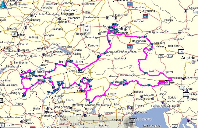 2012/10 ルート６６に次いで、<br />今度は、スイスアルプスのツーリングを実行, 体が動けるうちに<br /><br />6/23/14   ミュンヘン、バイク借り出し　ガルヒンク　KAWA Motors<br />ガルヒンク 11AMーーーガルミッシュパルテンキルヘン 4:30PM　260km<br />6/24/14 ガルミッシュパルテンキルヘン 8:30AM ーヴェーゼン 4:40PM 319km <br />6/25/14 ヴェーゼン 8:25AM ーグリンデルワルド　5:40PM 308km <br />6/26/14 グリンデルワルド8:25AM-ツエルマット　6:35PM 128Km<br />6/27/14 ツエルマット8:00AM - フィーシュ11:20AM 65Km<br />6/28/14 フィーシュ8:25AM ーロカルノ 4:40PM 288Km<br />6/29/14 ロカルノ 9:55AM ーステルビオ 4:40PM 303Km<br />6/30/14 ステルビオ 935AMーボルツアーノ6:40PM 342Km<br /> 7/1/14  ボルツアーノ 8:35AM ーヴィラ　サンティアーナ6:00PM 297Km<br /> 7/2/14 ヴィラ　サンティアーナ8:40AMーベルヒテスガーデン 3:20PM 273Km<br />7/3/14 ベルヒテスガーデン9:05AMーガルヒンク 1:30PM 224Km<br /><br />全走行距離　2807Km <br />ガソリン136.2リットル　燃費　20.6Km/l<br />ガソリン価格；平均1.81ユーロ<br />バイク　BMW R1200R<br />