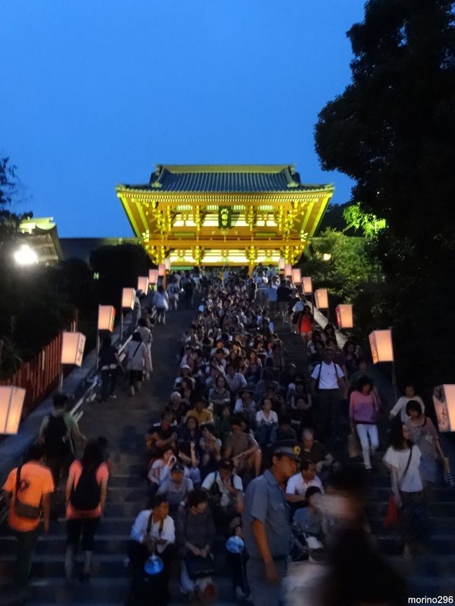 鎌倉・鶴岡八幡宮のぼんぼり祭へ行ってきました。<br /><br />ぼんぼり祭は、毎年８月に立秋の前日から９日までの３日間（年によっては４日間）行われ、境内には鎌倉在住の文化人をはじめ各界の著名人による書画がぼんぼりに仕立てられ、参道に並びます。<br />夕刻になるとぼんぼりに灯りが点され、幻想的な雰囲気となります。<br /><br />この日は、台風１１号の影響もあって、雨が降りだすのではないかと心配されましたが、天気の崩れが遅れたため、ローソクの灯が点されたぼんぼりも楽しむことが出来ました。<br /><br />ぼんぼりの数は約４００とも言われていましたが、この日、私が確認出来たのは３００弱でした。（残りは片付けてしまったのでしょうか？）<br /><br />写真の枚数が多くなってしまいましたが、宜しければご覧ください。<br />ご存知の有名人のぼんぼりも見つかると思います。