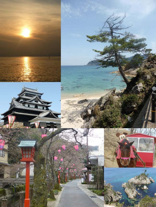 日本の神を覗く旅路第1部の旅で出雲大社に参詣した後、2014年2月の家族旅行で訪れた丹後半島の西側迄の、日本海沿岸を旅することにした。<br /><br />先ず向かったのが米子。<br /><br />ここは宍道湖の夕日を見ることが主眼。<br /><br />夕陽の時間まで、米子城と小泉八雲邸跡で遊ぶ。<br /><br />米子から鳥取までは特急列車を利用したが、途中で立ち寄った白兎海岸で、昔懐かしい大黒様の童謡を口ずさんだ後は、白兎海岸を案内してくれたタクシーの運転手さんに頼んで、日本海に面した”山陰海岸ジオパーク”を辿って浜坂まで、リアス式海岸の絶景が連なる、海沿いのジグザグ道を走って貰った。<br /><br />残念なことにこの道は今やバイパス（178号線）が出来て、最近は観光バスも余り通らないと云う。<br /><br />お蔭で時間に多少余裕が生じ、旅の最後に谷崎淳一郎の「城崎にて」の舞台の温泉街のそぞろ歩きを楽しんだ。<br /><br />日本海沿岸周遊旅情2014 目次<br /><br />01松江城の天守閣と360度のパノラマ<br />02小泉八雲記念館と松江城の堀<br />03宍道湖の夕日<br />04皆生温泉の宿の窓に映った雪景色の大山<br />05鳥取砂丘寸描<br />06山陰海岸ジオパークその1磯が崎<br />07山陰海岸ジオパークその２城原海岸<br />08山陰海岸ジオパークその３浦富海水浴場<br />09山陰海岸ジオパークその４七坂八峠<br />10山陰海岸ジオパークその５穴見海岸<br />11志賀直哉の「城崎にて」の舞台・城崎温泉そぞろ歩き