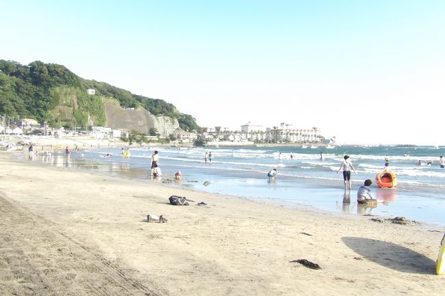 　鎌倉市材木座まで来たついでに海岸を覗いてみた。夏の暑い日指しの中で海水浴客もそれとなくいる。日焼けしたサングラス姿の監視員が一段高い屋根付きの椅子から海を見ている。40年余り前の三浦海岸海水浴場ほどの賑わいはないが、ここ材木座海岸から鎌倉市の海水浴場は岩場を除いた砂浜に江ノ島手前まで続いている。<br />　海の波は意外と高い。昔からお盆を過ぎると土用波と言って、海水浴には不向きとなっていた。昔よりも海水温が高くなっているから、かつてのようにクラゲに刺されることはまだないのかも知れない。<br />　稲村ガ崎方面に目をやると、由比ガ浜海水浴場の方が人手が多く、賑わっている。鎌倉駅からは何とか歩ける距離であるが、中世であれば、町民の遺骸が打ち捨てられた海岸である。何100年も経って今は海水浴場で大勢の人が集まる。何とも不思議な光景に見えてくる。<br />（表紙写真は材木座海岸（小坪方面））