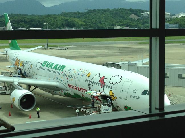 福岡空港から　台湾へ<br /><br />エバー航空で台湾へ　　　<br />見事なキティちゃんの飛行機でした　<br />座席カバー　クッション　など
