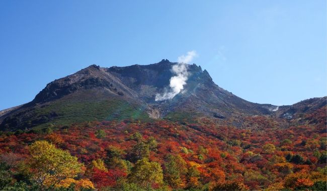 今年の9月はここ数年では結構涼しく、紅葉の進みも早いそう。<br />きれいな紅葉の景色を見たくて、那須岳(茶臼岳)へトレッキングに行って来ました。<br /><br />いつもは 行ける所までは車、あればロープウェイでもケーブルカーでも乗り物に乗ってお手軽に絶景を見ちゃおう、と言う、怠け根性の私です。<br />しかし、去年・今年と続けて行った上高地の景色から、こんな自然の中を歩いてみるのも良さそうだなぁ、と、<br />今回は、ちゃんとシューズを履いて、一応の装備も持ち、「ロープウェイ下りてちょっと・・・」だけでは見られない景色を見に行く決心をして、ダンナと二人で出かけました。<br /><br />噴煙があがる茶臼岳を見ながら、姥ヶ平あたりまで歩きました。<br />標高は2000ｍまで行かない場所ですが、早くも紅葉はピークに色づき、すばらしい景色。<br />ガレ場や狭い山道は初トレッキングの私には、少々キツかったのでありましたが、<br />来てよかった！と思える、自分史上最高の絶景紅葉に出会えたのです。<br />