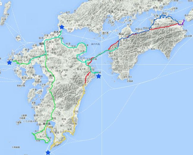概要<br />初日・徳島を出発して、佐田岬からフェリーに乗り、大分の南部まで。<br />2日目・南下して鹿児島にて、九州の最南端、佐多岬、桜島フェリーに乗り指宿の手前まで。<br />3日目・指宿から南下していくつかの岬に到達、南さつまから高速道路で一気に北上して熊本、長崎と走り、最西端の神崎鼻に到達。<br />4日目・長崎から北九州に移動し、最北端の太刀浦埠頭に到達。そこから海岸線を南下して最東端の鶴見岬に到達。<br />これにて九州のすべての端に到達\(^ワ^)/<br />5日目・香川でいくつかの四国八十八カ所巡りのお寺を巡り帰宅した。<br />【走行レポート】<br />・走行距離・2512km、平均502.4km/day<br />・走行時間・68時間、平均13.6時間/day<br />・今回のハイドラ・レアバッジ: 岬・上級バッジ<br />・・・・今回は概要のみです、詳細は後日アップいたします・・・<br />関連<br />http://mackenmov.sunnyday.jp/macken/travel_japan/2014travel/201406kyushu/1406kyushu4edge.html<br /><br />P.S.<br />それにしても、こういう一周ものは、複数の県にまたがるものだが、<br />このシステムでは、ひとつの県しか指定できない。。改善してもらいたい。