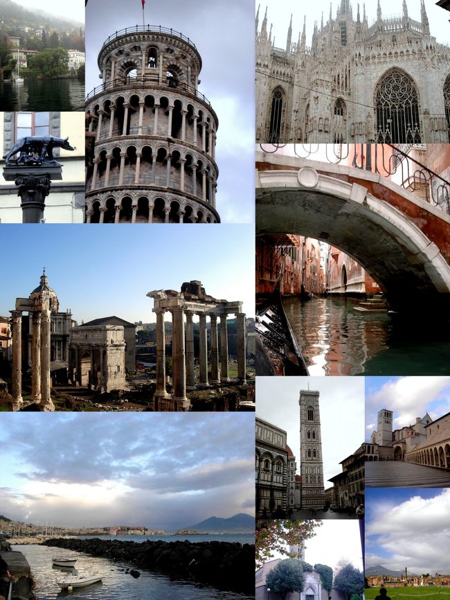 退職した翌年の晩秋（2003年11月）、夫婦で初めて海外旅行をすることになった。<br /><br />息子夫婦の勧めもあり、最初に選んだのは、イタリアの北から南までの五大観光都市(ミラノ、ヴェネツィア、フィレンツィエ、ローマ、ナポリ）を結ぶイタリア周遊の旅。<br /><br />多くのイタリ旅行の中から選んで申し込んだアツアーは既に満員で、その為急遽追加ツアーを企画中との事で、参加したその追加ツアーのＴＤが小川さん。<br /><br />小川さんとの偶然の出会いが、考えもしなかった、私の”旅行三昧”へ駆り立てる出発点となった。<br /><br />それまでに仕事の関係で、2度の本土一周の旅を含めアメリカは8度、ドイツ、フランス等欧州も2度訪れていたが、イタリアは初めてであった。<br /><br />この旅を手始めに小川ＴＤとはこれまで15回旅をしたが、全て小川ＴＤ個人の企画に依る旅で、例外が最初のイタリア旅行1回だけ。<br /><br />我々夫婦は一緒の海外旅行は初めてで、必ずしも体調が良くなかったこともあり、多少心配もあった。<br /><br />しかしイタリア語も堪能な小川ＴＤの差配は完璧で、我々の危惧は何時しか霧散しており、何よりバスの旅行中絶えることなく語り続ける小川節のローマ帝国の興亡物語”は我々夫婦を虜にし、その後の10年余に及ぶ小川ＴＤとの旅の始まりとなり、私を旅行三昧を煽ることに繋がった。<br /><br />その後小川ＴＤに＜唆され＞てＨＰを始めて作成したのが小川ＴＤとの3回目旅のエジプトからで、旅のブログを始めたのは、小川ＴＤとの6回目のフランスの旅でカメラを失ったことが切っ掛けで、４トラベルに巡り合った事による。<br /><br />私の人生の旅も次第に先が見えてきた齢になってきたこともあり、この際これまで手を付けていなかった旅行写真を整理することにした。<br /><br />これから海外旅行をお考えの方に少しでも参考になれば幸いです。<br /><br />ちなみにこの旅行の為に息子がデジカメをプレゼントしてくれた。<br /><br />デジカメの使用もこの旅が初体験。<br /><br />晩秋のイタリア周遊旅情　目次<br /><br />１、ＷＴ信の旅行三昧の第一歩・ミラノ<br />２、雨に曇るスイスとの国境に近いコモ湖<br />３、ゴンドラが似合うベネチア<br />４、モザイク美術の宝庫ラヴェンナ<br />５、花の都フィレンチェ<br />６、ピサのシンボル・斜塔<br />７、世界一美しいカンポ広場を持つ古都シエナ<br />８、鳩に説教した聖フランチェスコの街・アッシジ<br />９、待望のローマその１フォロロマーノ<br />１０、待望のローマその２コロッセオ<br />１１、待望のローマその３ヴァチカン市国<br />１２、アン王女の宿舎・バルベリーニ宮殿<br />１３、アン王女ジョーに出会う・レブリッカ広場<br />１４、アン王女が一夜を明かすジョーのマルグッタ通り51番地<br />１５、アン王女のヘップバーンカット・トレヴィの泉<br />１６、アン王女とジェラート・スペイン階段<br />１７、アン王女カフェでシャンパン注文・パンテオン<br />１８、アン王女のローマ観光・コロッセオ<br />１９、アン王女パスベで暴走・ヴィットリオ・エマヌエーレ2世記念堂<br />２０、アン王女嘘が怖い・真実の口<br />２１、アン王女ダンスパーティへ・サンタンジェロ城<br />２２、アン王女ジョーと別れのキスと抱擁・バルベリーニ宮殿への通路入口<br />２３、臨場感溢れる古代ローマを目の当たりに出来るポンペイ<br />２４、ナポリを見て死ね！<br />２５、カンツォーネで最後の晩餐