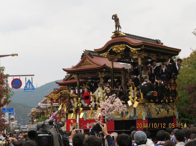 湖国三大祭の一つ、大津祭り<br /><br />天孫神社の氏子町内から、「曳き山元祖」の西行桜狸山を先頭に１３基<br />旧大津の町内を華やかに巡行<br />各曳山にはからくり・豪華な織物の幕類や彫刻・金具、天井画などで飾られていました<br /><br />指定の場所でコンチキチンの音に合わせて「からくり」が作動<br />終われば粽・てぬぐいのばら撒きで「京都・祇園祭」とは違う曳山を体験しました<br /><br /><br /><br /><br />表紙　　　　　　　　　　　　　　　　天孫神社前に１３基勢ぞろい