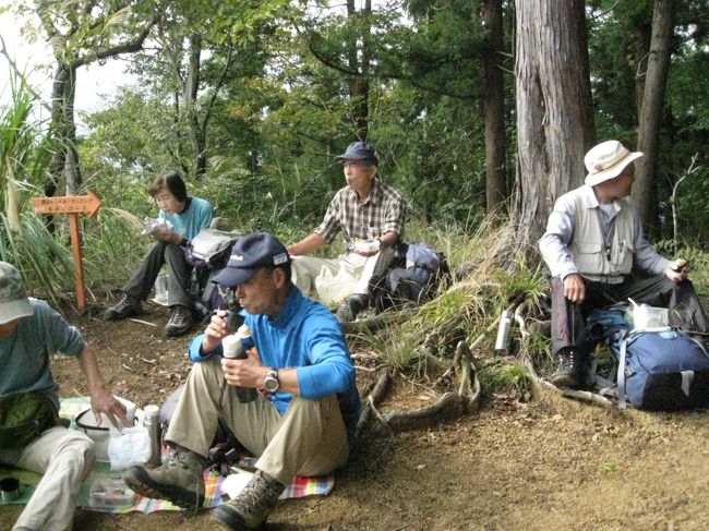 ２０１４年１０月２６日(日）、山の会の祭りに参加してきました。「２０１４年　○○○祭り　in　東丹沢」とめいうった<br />山の会の祭りに参加した。<br />全員集会を行う県立七沢森林公園を目指すＳ，Ａ，Ｂの１５コースから一つを選んで各自歩く。集合時間の目標は１４時半なので、コースタイムの長いコースの集合時間は最も早いものだと６：５０。最も遅いもので１０：００。<br /><br />私は、５月辺りから全然会山行に参加していなかったので、歩行時間が短い、集合時間が９：２０と遅い⑦コース：白山を選んだ。飯山観音から登った白山～貉峠～物見峠～巡礼峠と歩く３．５時間のコース。巡礼峠は公園の直ぐ傍。<br />１５コースの参加者合計は２９７名、本部を務めた企画の方々を加えると総勢３００名以上。<br />神奈中の路線バスがあるが、３００名もの団体は載れないので、バス５台をチャーターした。下山口が公園から離れたコースにはチャーターバスが迎えに行ったとのこと。5年に一度の集中登山には会の予算が出るが、祭りは出ないのでチャーター代は個人負担。<br /><br />⑦コースの参加者は男性17名、女性16名。31名の参加者は最大。祭りの時は軽い所をという方が多いのでしょう。<br />厚木駅前発９：４０の宮ケ瀬行に乗る。３０人以上の山行きが乗ると一般乗客には迷惑だったでしょう。こんなに混んだことはないと言ってるおばさんもいた。<br />飯山観音ＢＳで降り、石段を登って飯山観音の駐車場へ。そこで、コースの説明、注意などを受けてから出発だったので、１１時前位だったか。<br />男坂と女坂の二手に分かれて白山に登る。１１時前に山頂に到着。後、腰を下ろす広い所はないとのことで、ここで昼食。<br />そこからちょっと嫌な下り道を降り、後は登り降りを繰り返し、森林公園まで。<br />巡礼峠の先は、公園内の尾根の散歩道。いくつかの展望台を通って、集合場所まで。１４時半前に着いたが、もういくつかのグループが到着していた。<br />１４時半から報告会開催となっていたが。１４：４５位になっても未到着グループもあった。<br />１５時ごろから弱い雨と言う予報で心配していたが、ポツポツ素敵の雨が落ちてきた程度で済んで良かった。他のグループの友人を探して久しぶりの談笑と言う感じで、あまり各コースの報告を聞いている人は少ないようだった。<br /><br /> 