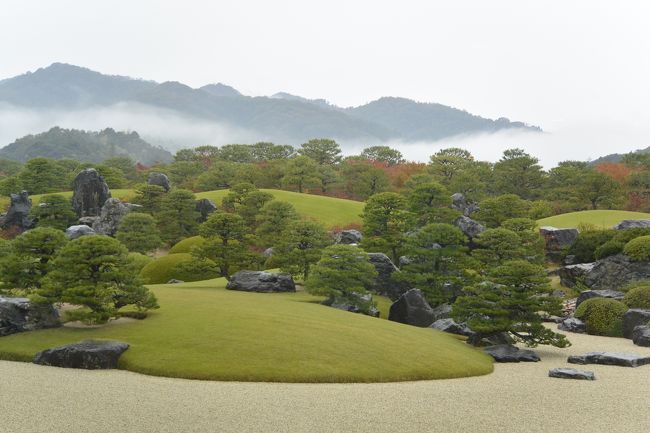 足立美術館へ　<br />今回の旅のもう一つの目的、足立美術館。<br />アメリカの日本庭園雑誌『ジャーナル・オブ・ジャパニーズ・ガーデニング』の行っている日本庭園ランキングで、11年連続で庭園日本一に。旅行ガイド『ミシュラン・グリーンガイド・ジャポン』で最高評価の3つ星を獲得しているという庭園の美しさ随一の美術館です。<br />また、横山大観や魯山人の収蔵品の多さでも有名。<br />秋季特別展として11月30日迄「横山大観と近代日本画の名作展」が開催されています。<br />お庭と大観展が見たくて、今回想いたったかのように出かけた次第です。<br /><br /><br />松江駅8:35発米子行の山陰線に乗り安来へ。<br />8:59安来着。安来駅前から足立美術館の無料シャトルバスを利用。<br />朝1便にもかかわらず、同じ電車で来た人2人が満車で乗れず…<br />9:25足立美術館到着。<br />お天気は昨夜からの雨。でも何が幸いするかわかりませんね。<br />素晴らしいお庭の背景に霞が流れなんとも幻想的な景色が広がっていました。<br />これも朝の内だけで2時間ほど過ぎると見られなくなりました。<br />なんて、ラッキーな。<br />どこから見ても美しく作り込まれたお庭は見事です。息をのむほどの美しさでした。<br />お庭は美術館の中から眺めます。向うの山の滝も借景に。<br />5万坪に及ぶ庭を造らせた足立氏もすごいけど、このお庭を設計された方に感服です。<br /><br />美術館内に設けられたカフェやお茶室からもその美しい庭園を楽しめるようになっています。<br /><br />もちろんそれに負けない色々な収蔵品、大観の作品の数々。<br />心洗われる時間を過ごさせて頂きました。<br />(絵画・陶芸品は撮影禁止でした)<br /><br />12:20足立美術館発→12:50米子駅着　無料シャトルバス利用<br />13:05米子駅発→13:30米子鬼太郎空港着　直行バス<br />14:25発米子鬼太郎空港→15:40着羽田空港　ANA1088便で帰路につきました。<br />