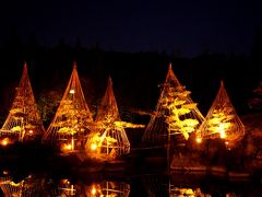 ◆福島空港公園の雪吊りライトアップと那須連峰の燃ゆる夕焼け。