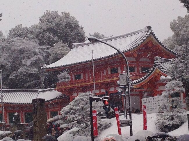 2015年元旦、娘達が小さい時はよく初詣に来た八坂神社へ、そして今回は、縁切り、良縁で有名な安井金毘羅宮へも。久しぶりに家族揃って、やっぱり初詣は京都だ！！<br />大晦日から夜更かし？したので、朝はゆっくり起きてお雑煮を食べて11時半過ぎに出発。風が冷たく京都は午後少し雪の予想。でもお天気いいし、暖かくしていれば大丈夫といざ出発。阪急京都線にもゆったり座れ、居眠りをしていたら、桂あたりから雪が。<br />まぁ、想定内と河原町までまたウトウト。河原町に着いてびっくり！<br />深々と降ってきた雪。帰りには雪国さながらの景色に。<br />雪の京都は素敵でした。<br />だけど、予想外のここまでの大雪であちこちアクシデントが&#8252;?