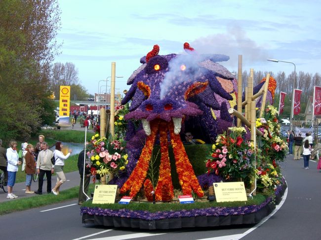 オランダでは春にフラワーパレードを行います。（確か2008年迄は秋のパレードもあったが、近年は春のみ。）4月の後半に実施されますし、ノールドワイクからハーレムまで、道路を約40kmくらい一日を掛けてパレードします。綺麗に飾った山車と車が合計で約50～60台つながっていきます。パレードの先頭から終わりまでは30～40分くらいでしょうか？<br /><br />5年間毎年見ていましたが、毎年、内容が変わります。どの年も満足でした。<br /><br />ところで、私自身の一番の悩みが、何処で見るか、またどうやってそこへ辿り着くかだったと記憶します。私が行ったのは、下記です。<br />①まずはInternetでFlower Paladeで、その年の予定表を見ます。それで見る場所を決めます。注意点として、走行区間が40kmありますが、場所によって、ゆっくりと見れるように遅く走りますが、場所によっては高速で移動してしまいます。高速移動のところでは通過するだけです。<br />②パレードを行う道路は、大体は、片側一車線です。つまり、パレードが近づくと、警察が道路の通行を止めてしまいます。よって、若干早めに目的地に達していないと、車が動けません。また、結構な田舎でも、見学者がかなり居るので、早く並ぶ方が有利だと思います。その日の天候や時間帯に因り、その場所でも、ベストな写真スポットを確保した方が良いと思います。<br /><br />