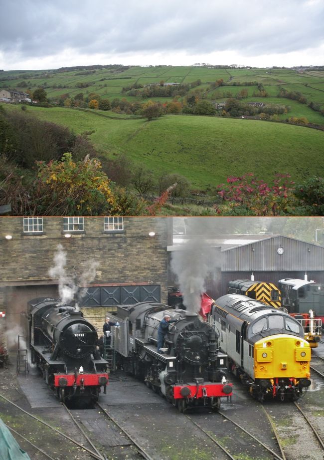 ハワースの丘（ペニストン・ヒル）と渓谷鉄道の機関車<br />Penistone Hill and the Locomotives of Keighley &amp; Worth Valley Railway<br /><br />スコットランド・フランスの旅2014<br />写真旅行記　Travel Photo Essay &quot;Scotland and France 2014&quot;<br />2014.10.13(月）?10.27（月）15日間<br />スコットランド・フランスの旅2014<br /><br />第11回　ハワースからロンドンへ From Haworth to London<br /><br />10月18日（土)　晴<br />5時過ぎには目覚めて、そのまま起きてしまった。今日は今回の旅行の前半最後の日で、いよいよロンドンへ移動することで気分の高揚もあった。<br /><br />エジンバラ、ヨーク、ハワースでの5日間は、実に盛りだくさんの経験が重なり、10日間にも感じるものだ。<br />今年の旅行は、ここまでが当初の計画で、後半のフランスの旅は後述のようにフランスの友人たちの誘いに乗って追加したものだ。<br /><br />ポットに湯を沸かし、赤いヨークティーを淹れてビスケットをかじり、荷造りを済ませて8時の朝食を待った。<br />ここはプチホテルかB&amp;Bのようだが朝食は充実していた。卵料理は注文して選べたが、玉子焼きのつもりでFried egg pleaseを頼んだら目玉焼き（sunny-side up)が出てきた。プレーン・オムレツplain omeletteと言うべきであったのかな。<br />メニューは焼きベーコン、肉の多いドイツ風のソーセージ（イギリスの一般的なものは混ぜ物が多い）、目玉焼き、トマト味の煮豆、マッシュルーム・ソテー、ミニ焼きトマト（枝付き）、ホワイト・トースト（うす焼きを注文）、バター、マーマレード、ブルーベリー・ヨーグルト、オレンジジュース、紅茶。<br />主人のMartin Wilsonsと、夫婦二人の調理師・酒類販売免許証の写真を撮った。<br /><br />出発まで小一時間あるので、村のはずれの農家の裏庭から、谷を挟んだ丘の雄大な景色を眺め写真に収めた。嵐が丘やジェーン・エアに出てくるヒースが生い茂る荒涼とした風景を思い浮かべたが、この朝の風は冷たくはなかった。<br /><br />9:45頃にチェックアウトで残金の25ポンドをカードで精算した。<br />セントラル・パークの中を通って駅まで行った。<br />10：20発の列車は2両編成のディーゼル・カーでキースリーまでの切符は5.50ポンド。<br />ハワースHAWORTHからキースリーKEIGHLEYまでの途中駅はOAKWORTH,DAMEMS,INGROW WESTの3駅で、所要時間は15分だった。<br />キースリー駅に着いた時、乗務員に単線運転の安全確保に使用するタブレットを見せてもらった。<br />帰りもリーズ乗り換えでヨークまで行き、ホテルへ預けたスーツケースを引き取ってロンドンに向かう予定だったが、思わぬミスが発覚した。<br />14：06発のロンドン行の列車を待ったが、eチケットに表示された列車の時刻が近づいても発車案内板に表示されないので案内所で尋ねたところ、係員がチケットの日付を指さして&quot;This is yesterday.&quot;<br />National Railのオンライン購入時に間違えたのだが、自己責任だから仕方ない。何とかして予定の列車より少し早い列車の発車間際に売れ残った安いチケットを購入したが53.6ポンドも失った。<br />早期購入で13.6ポンドだったが、普通料金（当日売り）は96.8ポンドなので諦めもついた。<br />ロンドンKing&#39;s Cross駅には16時少し前に着いた。<br />いくつかのトラブルはあったものの、スコットランドからロンドンまで約455マイル（790キロ）の列車の旅を無事に終えて、正直ホッとした。<br />今回のロンドンは来週から訪ねるフランスの友人たちが住むフランス南東部のリヨンへ移動するための乗継泊なので、夜遊びに出かけたりはせずにホテルでのんびり過ごすことにしよう。<br /><br />■旅行計画要約（毎回掲載します）　<br />Abstract of the trip to Scotland and France<br />http://4travel.jp/travelogue/10935919<br /><br />イギリスは自動車会社Ｈの研究所勤務時に、1980年代初頭から90年代半ばまでローバーとの共同開発を含むjoint business/projectの機会に何度となく出張し、イギリス人から生きた英語を学んできたので、私にとっては学生時代に交流があったフランスとならび特別な親近感を抱く国。<br /><br />しかしいつしか高齢となり、いつまで海外旅行ができるか分らなくなったため、一度も行ったことのないイングランドと地続きのスコットランドへ行ってみたくなり、半年ほど前に今年の旅行先に決めた。<br />先日のスコットランドの独立の是非を問う国民投票が公示される以前のことだ。<br />体質の関係で日本酒は全くダメだが、ウィスキーは好きで、最近は飲む機会が少ないが、昔はオールドパーのボトルキープができた古き良き時代もあった。水で割ってはせっかくの香りが薄まるのでロックがよい。<br />イギリスへ出張を繰り返していた80年代に、イギリス人に緑の三角形の瓶で知られたシングルモルト・ウィスキーの草分けグレンフィディックGlenfiddich（現在はサントリーが輸入・販売）を土産に奨められたこともあった。<br /><br />スコットランドからの帰りにヨークおよびハワースへ立ち寄るのも大きな目的。<br />ヨークは鉄道好きには聖地のような国立鉄道博物館がヨーク駅に隣接している。世界で初めて時速200Kmを超えた蒸気機関車マラード号を始め機関車103両、客車176両、日本の新幹線もあるそうだ。（ブルーガイド・イギリスによる）<br />ヨーク大聖堂や2000年の歴史を刻む城壁や城門も楽しみだ。<br /><br />「嵐が丘」を書いたエミリー、「ジェーン・エア」のシャーロッテ、「アグネス・グレイ」のアン（あまり知られていない）の3姉妹の生まれ育った荒野の中の小さな村で、シェークスピアが生まれたストラットフォード・アポン・エイボンと並ぶ「英国文学の聖地」ハワースは死ぬ前に訪れなくてはならない場所と思っていた。<br />私は女性ではないが、「ジェーン・エア」のあの性格（向上心・質実・努力・情熱・美的感覚・・・）に共感し、自分の人格形成に多くの示唆を与えてくれて何度も読んだ小説の生まれた自然背景に少しでも触れてみたい気持ちを生涯持ち続けてきたが、この歳になってようやく実現できそうで嬉しい気持ちでいっぱいだ。<br /><br />後半のフランス訪問については、<br />今年4月に1964年の東京オリンピックの直前の8月に日仏学生交流プログラムで来日したフランスの学生たち（3つの大学の内の1つ）が50年ぶりに再来日することになり、2日間の都内見学の計画づくりと案内に奔走した。<br />彼らがその後鎌倉・箱根・京都・広島・奈良・大阪を回り、帰国後のメールのやり取りでスコットランド旅行の計画を伝えたところ、その帰りにぜひフランスにも足を延ばして再会したいと言われ、誘いに乗ることになった。（7月）<br />リヨン、エクサンプロヴァンス、パリの3都市だが、いずれのお宅も子供たちは独立し、部屋はたくさん空いているのでホテルの手配は要らないと言ってくれているので助かる。<br />4月の受け入れ時にはコーディネーターを務めたので、奥様方を含め16人のメンバー全員と顔のつながりができているため、とても楽しみにしている。<br /><br />撮影　CANON EOS40D EF-S17/85 、EF-S10/22<br />PowerShot A2300<br /><br />スコットランド・フランスの旅2014 1.東京からエジンバラまで　　http://4travel.jp/travelogue/10948376<br />スコットランド・フランスの旅2014 2.スコットランドの自然探訪<br />http://4travel.jp/travelogue/10949966<br />スコットランド・フランスの旅2014 3.スコッチウィスキー蒸留所ツアーhttp://4travel.jp/travelogue/10951228<br />スコットランド・フランスの旅2014 4.エジンバラの街歩き<br />http://4travel.jp/travelogue/10953587<br />スコットランド・フランスの旅2014 5.エジンバラ城<br />http://4travel.jp/travelogue/10958956<br />スコットランド・フランスの旅2014　6.ロイヤル・マイルとスコティッシュ・ダンス　<br />http://4travel.jp/travelogue/10959995<br />スコットランド・フランスの旅2014　7.ヨークの国立鉄道博物館<br />http://4travel.jp/travelogue/10961797<br />スコットランド・フランスの旅2014 8.ヨーク大聖堂と街歩き<br />http://4travel.jp/travelogue/10961819<br />スコットランド・フランスの旅2014 9.ヨークからハワースへ<br />http://4travel.jp/travelogue/10971857<br />スコットランド・フランスの旅2014 10.ブロンテ姉妹の故郷ハワース<br />http://4travel.jp/travelogue/10973799<br /><br />☆お気に入りブログ投票（クリック）お願い★<br />http://blog.with2.net/link.php?1581210