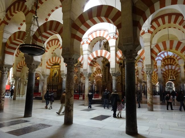 「メスキータ」は「スペイン語」で「モスク」という意味で、かつては「イスラム教」の「モスク（８世紀〜１６世紀）」でした。<br />「メスキータ」は「イスラム建築」「ゴシック様式」「ルネサンス様式」が混在した建物で現在は「聖マリア大聖堂」として「カトリック教会」となっています。<br />「コルドバ歴史地区」として「世界遺産」に登録されています。