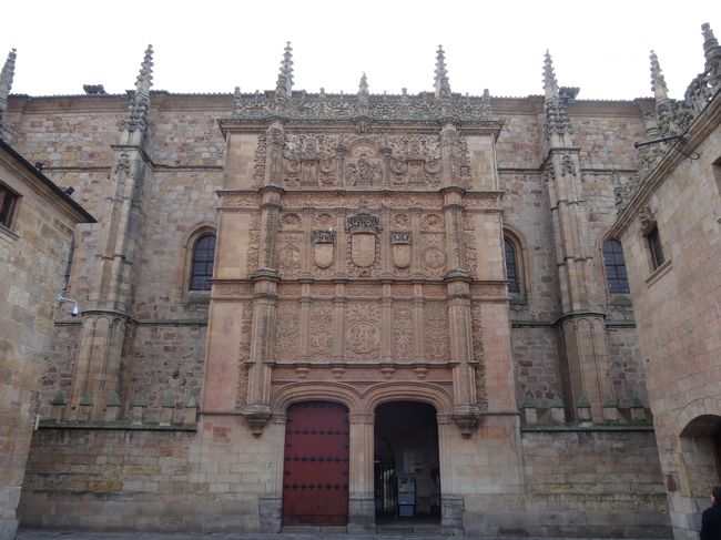 「サラマンカ」は「ローマ時代」からある「交通の要所」の都市です。<br />写真は「現存するスペイン最古の大学」で「ヨーロッパでも設立の古い大学」の１つでもある「サマランカ大学」です。<br />「サマランカ大学」の「プレテレスコ風ファサード」の「蛙の乗った髑髏のレリーフ」が有名です。<br />「サラマンカの旧市街」として「１９８８年」に「世界遺産」に登録されています。