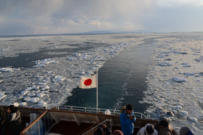 クラブツーリズムのツアーに参加しての、３泊４日の北海道の旅。<br />「流氷特急」「流氷ノロッコ号」「ＳＬ冬の湿原号」の３つの観光列車と<br />流氷砕氷船「おーろら号」を楽しむ旅。<br />この旅行記は「流氷特急」からの冬の風景、流氷砕氷船「オーロラ号」に乗船しての流氷観光、<br />ウトロ温泉での幻想的なショー「知床ファンタジア」、<br />そして「流氷ノロッコ号」からの流氷眺望の旅行記です。<br /><br />２日目、札幌駅７時５５分発「流氷特急オホーツクの風」で、網走駅を目指します。<br />ところが、ここで、トラブル発生！　<br />ホテルから、タクシー数台に分乗して札幌駅に向かいましたが、そのうちの１台が、<br />札幌駅・西通り北口に行かず、東通り北口に行ってしまいました。<br />添乗員も、あちこち、捜すも見付らず、４人が行方不明となりました。<br />列車の発車時刻も迫り、添乗員がＪＲに呼び出しを依頼しようとした時、<br />逆に、行方不明であった４人の方から、添乗員を呼び出すアナウンスが駅構内に流れました。　<br />間一髪セーフ！　<br />ＪＲのチケットは添乗員が一括で持っていて（団体チケット）、迷った４人も焦ったと思います。<br />でも、列車には間に合い、全員、旅が続けられました。　<br /><br />網走では、先ず、天都山展望台へ、オホーツク海や知床連山の眺望を楽しむ。<br />そして、網走港から、流氷観光船「おーろら号」に乗船すること１５分程で、流氷のど真ん中へ。　<br /><br />２泊目の宿は、ウトロ温泉「知床グランドホテル北こぶし」。　<br />夕食後、幻想的な光のショー「知床ファンタジア」へ。　<br /><br />３日目は、知床斜里駅から北浜駅まで、「流氷ノロッコ号」に乗車して、<br />車窓より、オホーツク海の流氷眺望です。<br /><br />・流氷特急オホーツクの風<br />　ノースレインボーエクスプレス車両で運転。目線の高さは3.2mで眺望もバツグンです。大きな窓から景色を楽しんだり、ラウンジスペースでくつろいだり、快適な列車の旅をお楽しみください。期間限定のイベントの他、ご乗車記念に乗車証明書をプレゼント！！【ＪＲ北海道・おすすめ列車より】　　<br /><br />・流氷ノロッコ号<br />　オホーツク海に面してゆっくりと走り、運が良ければ流氷に覆われたダイナミックな景色を眺められます。知床連山を彼方にのぞみ、旅情たっぷりのだるまストーブで車内販売のスルメを炙るのも楽しいひとときです【ＪＲ北海道・おすすめ列車より】　　　<br /><br />・知床ファンタジア<br />　それはオホーツクの海に押し寄せる流氷と厳しい寒さを逆に楽しんでしまおうという知床の冬のイベントです。「オーロラファンタジー」はそのメイン・イベント。昭和33年に知床の夜空に現れた本物のオーロラの感動を何とか再現したいという想いから生まれました。ダイナミックな音響とレーザーが織りなす幻想空間が知床に出現します【知床斜里町観光協会より】<br /><br />・流氷観光船「おーろら号」のＨＰ<br />　　　　http://www.ms-aurora.com/abashiri/index.html<br /><br />・知床グランドホテル北こぶしのＨＰ<br />　　　　http://www.shiretoko.co.jp/　　　　　<br />