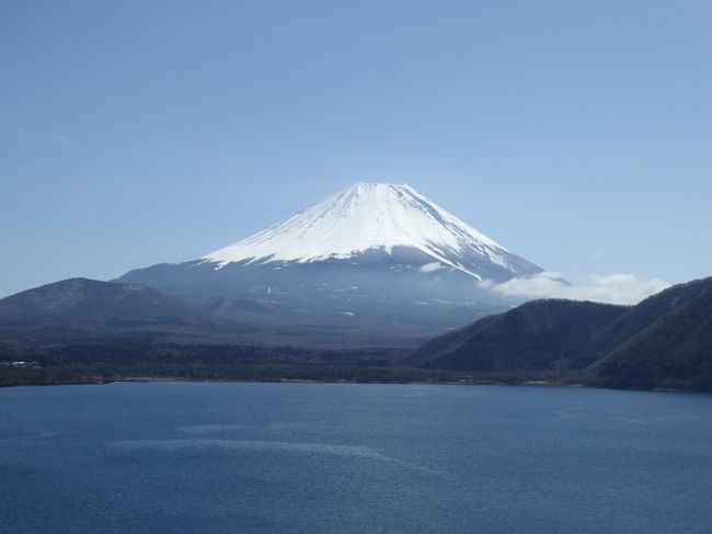 3月15日〜18日、愛犬と一緒に箱根と富士五湖へ行きました♪<br />元箱根、大涌谷、強羅温泉、御殿場、河口湖、西湖、精進湖、本栖湖を訪れました♪<br />強羅温泉、河口湖で宿泊しました♪<br /><br />☆Ｖｏｌ１７：第３日目（３月１７日）本栖湖♪<br />今日は富士五湖巡り♪<br />精進湖から本栖湖へ。<br />本栖湖の東岸は溶岩流が流れ込んでできたもの。<br />本栖湖は美しい深い青い色で素晴らしい。<br />話題になっている「クニマス」の聖地。<br />青い本栖湖と富士山。<br />ゆったりと眺めて♪