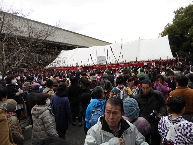 2015年1月18日に三十三間堂で行われる通し矢に娘が参加。<br /><br />その娘の晴れ姿を見ることを目的として京都に行きました。<br /><br />とは言うもの。<br />18日の数時間だけなので、両親のお墓参りや市内観光などしました。<br /><br />日程<br />16日(金)　9:40東京発→11:58京都着<br />　　　　　昼食・お墓参り・四条散策・夕食<br />17日(土)　平等院・昼食・金閣寺・夕食<br />18日(日)　三十三間堂・市内観光<br />　　　　　18:26京都発→東京着20:13<br /><br />その3は18日の日曜日いよいよ通し矢の日の様子を紹介します。<br />やはり多くの人でいっぱいでした。<br /><br />