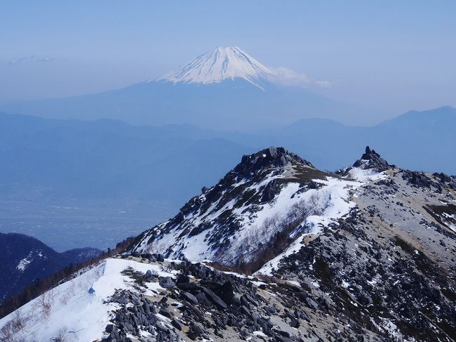 年末年始、山小屋が開いているので2泊3日の山行をし、今回で二度目の鳳凰三山。<br /><br />「日本最上級の別嬪さん3人に囲まれて… / 冬の鳳凰三山①」<br />　　http://4travel.jp/travelogue/10966560<br />「日本最上級の別嬪さん3人に囲まれて… / 冬の鳳凰三山②」<br />　　http://4travel.jp/travelogue/10966608<br /><br />今年の登山シーズンに行きたい南アルプスの山、結構ヘビーな縦走になりそう。<br />山小屋の距離が結構離れているわこれでもかって具合に山登って降りて繰り返す稜線とか…。<br /><br />そんなに難易度高くない冬の鳳凰三山。<br />約20㎞、標高差1,400mの山行。<br />登山口まで凍結しなくなったみたいだし、行ってみるか…。<br />雲取山、約23㎞、標高差1,400mの山行、7時間半だったから年末年始2泊3日だった鳳凰三山、日帰りできるだろと踏んだ。<br /><br />先週、インフルエンザ（B型）で会社休んだこともあり運動不足。その上、踏み抜き地獄。雪質も重たい。<br />稜線に着く前にすでにヘロヘロ…。<br />復路は休憩しまくりで、なんと下山まで12時間半近くかかってしまった。<br /><br />とはいうものの所定の目標の日帰りは達成。<br />雪山でも1日で20㎞歩けたのだから来たる登山シーズンの本命の縦走もどうにかなるかも、と自信がついた。<br />ＧＷ後半には今年初めての3,000m峰、冠雪した南アルプスの聖岳、日帰り山行にチャレンジしようと思う。<br /><br />天候はこれ以上ない晴天、無風状態。<br />春だから富士山は見えないかもしれないなぁと思っていたがなんのなんの…。<br />白峰三山の北岳、間ノ岳、農鳥岳、そして仙丈ケ岳、富士山、八ヶ岳。<br />どの山もくっきり見えた。<br /><br />