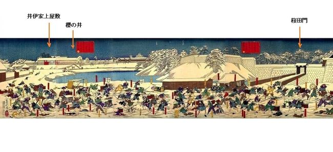 時は幕末。1860(万延元)年3月3日、季節外れの雪の日の朝、井伊家上屋敷を出て江戸城に向かう井伊直弼一行が、桜田門外で水戸・薩摩の浪士に襲われる事件がありました。「桜田門外の変」ですこの日に至るまで、1858(安政5)年4月に大老職に就いた井伊直弼は、直ちに6月、勅許を得ずに日米修好通商条約に調印しました。また子供のいない十三代将軍家定の後継者に、譜代大名らの支持を得て、幼年の紀伊藩主である徳川慶福を跡継ぎと定めました。そして水戸藩主徳川斉昭の子の一橋慶喜を推していた斉昭などの改革派に大弾圧を加えました。弾圧の対象は百人を超え、徳川斉昭・松平慶永は蟄居処分となりました。さらに尊王攘夷派の活動家・思想家も徹底的に粛清しました。「安政の大獄」です。現在の桜田門と井伊家上屋敷跡を訪れ、事件を再現してみたいと思います。
