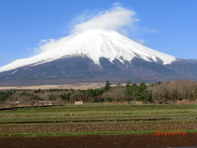 標高3776メートル、日本人の誰からも親しまれる山、富士山。新幹線に乗って富士山が見えると毎回なぜか嬉しくなります。その嬉しさをもっと大きいものにするために近くまで見に行って見ようと思いたちました。<br /><br />4/15　4日目/1<br />富士五湖の中で富士山に一番近い所に位置している山中湖。<br />湖面の面積も、富士五湖で最大。また、湖面の標高は約1,000メートルと最も高く<br />いろいろな面で「一番」をほこります。<br />13.5キロメートルある湖を中心にひろがる山中湖村は、総面積52平方キロメートルあり、山中・平野・長池・旭日丘の4地区で構成されています。<br />村の大半は、標高1,000メートル前後のなだらかな起伏の高原地帯で年間400万人の観光客が訪れる高原リゾート地です。<br />宿泊した山中地区を散歩しているとあちこちに民宿、ペンション、会社などの保養所が目に付きます。夏の平均気温は20度前後とすごしやすく避暑地として最適な場所です。暑さを癒しに…山中湖。。。なんて良いですね〜。<br /><br />では、宿泊した山中地区から花の都公園までの道中の景色と富士の様子を。。花が咲いていればもっと素晴らしい光景になったと思いますが・・・。<br /><br />日程<br />岩魚茶舎・山中湖散策5:00〜8:00→山中湖旭ヶ丘バス停9：40発→御殿場駅10：15着→時之栖着11：00日帰り温泉→<br />時之栖発15：00→三島駅15：40→三嶋大社参拝→<br />JR三島駅17:00発→熱海駅着　グランビュー熱海泊<br /> <br /><br />