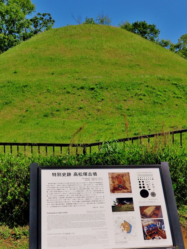 高松塚古墳は、奈良県高市郡明日香村(国営飛鳥歴史公園内)に存在する古墳。藤原京期(694年〜710年)に築造された終末期古墳で、直径23m(下段)及び18m(上段)、高さ5mの二段式の円墳である。1972年に極彩色の壁画が発見されたことで一躍注目されるようになった。<br />2009年に本来の形状に復元され、一般に公開されている。<br /><br />高松塚古墳の発掘調査は、1972年3月1日から開始された。奈良県立橿原考古学研究所所長の末永雅雄の指揮のもと、現場での発掘は伊達宗泰と関西大学助教授の網干善教を中心とした関西大学と龍谷大学の研究者・学生グループによって行われた。石室が検出され、鮮やかに彩色された壁画が発見されたのは同年3月21日のことである。古墳は1973年4月23日、特別史跡に、また極彩色壁画は、1974年4月17日に国宝に指定されている。<br /><br />壁画は石室の東壁・西壁・北壁(奥壁)・天井の4面に存在し、切石の上に厚さ数ミリの漆喰を塗った上に描かれている。壁画の題材は人物像、日月、四方四神および星辰(星座)である。東壁には手前から男子群像、四神のうちの青龍とその上の日(太陽)、女子群像が描かれ、西壁にはこれと対称的に、手前から男子群像、四神のうちの白虎とその上の月、女子群像が描かれている。男子・女子の群像はいずれも4人一組で、計16人の人物が描かれている。中でも西壁の女子群像は(壁画発見当初は)色彩鮮やかで、歴史の教科書をはじめさまざまな場所でカラー写真が紹介され、「飛鳥美人」のニックネームで親しまれている。<br />(フリー百科事典『ウィキペディア(Wikipedia)』より引用)<br /><br />高松塚古墳 については・・<br />http://www.asuka-park.go.jp/takamatsu/<br />http://www.asukanet.gr.jp/ASUKA2/TAKAMATUTUKA/takamatutuka.html<br />http://www.asukabito.or.jp/html/promenade02.html<br /><br />明日香レンタサイクル については・・<br />http://www.k-asuka.com/<br />http://www.asukamura.jp/kids/model_course-cycle.html<br /><br />明日香村(あすかむら)は、奈良県の中央部に位置する村である。中央集権律令国家の誕生の地である事から飛鳥時代の宮殿や史跡が多く発掘されている事で知られ、「日本の心の故郷」とも紹介される。 まわりを丘や山に囲まれた小さな盆地に位置する。 (フリー百科事典『ウィキペディア(Wikipedia)』より引用)<br /><br />明日香村については・・<br />http://www.asukamura.jp/