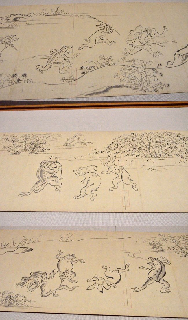 連れ合いが東京国立博物館(略称トーハク)の特別展示企画「鳥獣戯画展」を見て、東京で音楽教師をしている姪と食事をしたいということで、久しぶりの上京。<br />午前中、旧古河庭園で薔薇の鑑賞をしてから上野に移動。しかし、ここで当初予定を大幅変更。鳥獣戯画展は大変な人出で大混雑。チケット売り場で、「ただいま、150分待ちですが、入場しますか?」と念押しされる。え〜!!2時間半!<br />そんな行列をしてまで見たいほど鳥獣戯画に思い入れはない。鳥獣戯画大好きの連れ合いは、それでも見るというので、別々の行動をとることに。<br />前から気になっていた法隆寺宝物館に行ってみようとしたのだが、間が悪いことにこの日から来年3月まで工事で閉館だという。う〜ん、困った! やむなく、今どんな展示があるのかわけもわからず、トーハク本館の日本ギャラリーにでも行って、連れ合いが鳥獣戯画を見終わるのを待つことになった。<br />本館では、刀剣の展示に群がる若い女性集団に遭遇。そのパワーに気圧される思いをした。また、思いがけず明治時代の画家、山崎董詮という人物の手による鳥獣戯画の模写が展示されていた。こちらはガラ空き、たっぷり時間をかけて見られるし、写真撮影までOKなのだ。本物ではないと言ってしまえば、それまでだが・・・・