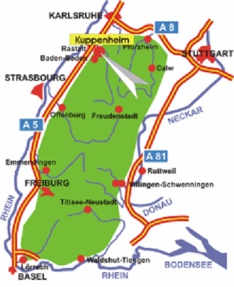 ドイツ南西部のKuppenheimクッペンハイム（Rastattラシュタットの東南）は黒い森の北部に位置し、Murgムルグ川の下流沿いにある人口8千人の小さな町で、言わば村といった規模である。<br /><br />写真は黒い森の地図とクッペンハイム